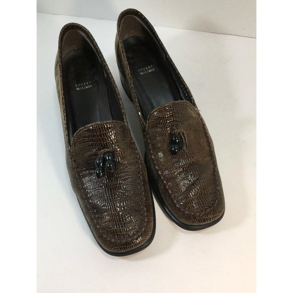Stuart Weitzman Leather Snake Skin Loafers Brown 8 - Picture 2 of 10